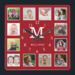 Horloge Carrée Custom 12 Photo Collage Family Nom Monogram Red<br><div class="desc">Create your own photo collage wall clock with 12 of your favorite pictures. The photo frame clock helps you treasure your special moment and donc makes a thoughtful gift for parents, grandparents and friends. The personalized clock makes it a perfect venin pour tous. Personnalize with monogram initial and family name....</div>