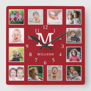 Horloge Carrée Custom 12 Photo Collage Family Nom Monogram Red
