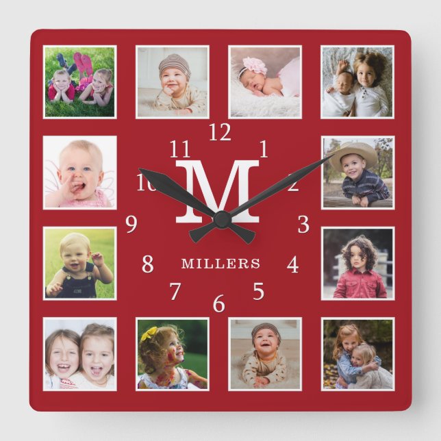 Horloge Carrée Custom 12 Photo Collage Family Nom Monogram Red (Recto)