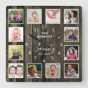 Horloge Carrée Custom 12 Photo Collage Family Nom Quota Wood