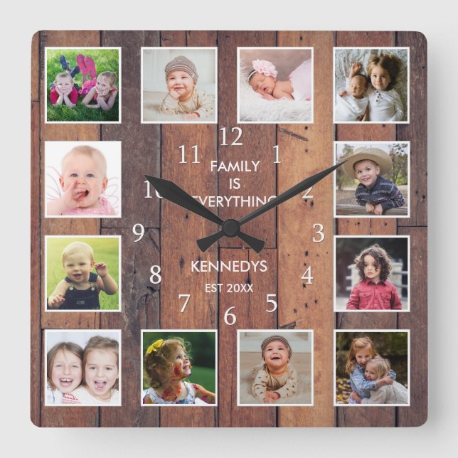 Horloge Carrée Custom 12 Photo Collage Family Quota Pallet Wood (Recto)