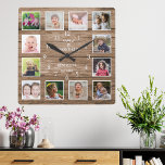 Horloge Carrée Custom 12 Photo Collage Family Quote ReclaimedWood<br><div class="desc">Create your own photo collage wall clock with 12 of your favorite pictures. The photo frame clock helps you treasure your special moments and also makes a thoughtful gift for parents, grandparents and friends. The personalized family clock makes it a perfect gift for all occasions. Personalize with family name and...</div>
