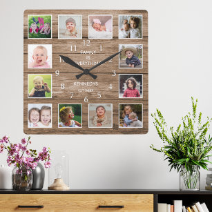 Horloge Carrée Custom 12 Photo Collage Family Quote ReclaimedWood
