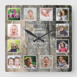 Horloge Carrée Custom 12 Photo Collage Nom de famille Bois tendu