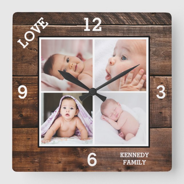 Horloge Carrée Custom 4 Photo Collage Family Name Love Dark Wood (Recto)