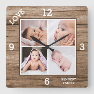 Horloge Carrée Custom 4 Photo Collage Family Nom Love Wood