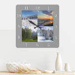 Horloge Carrée Custom 4 Photo Collage Personalized<br><div class="desc">Upload your photos, and easily create your personalized photo collage wall clock. Click CUSTOMIZE FURTHER to change the square frame color You can TRANSFER this DESIGN on other Zazzle products and adjust it to fit most of the Zazzle items. Standard Studio designs are made in high-resolution vector graphics for a...</div>
