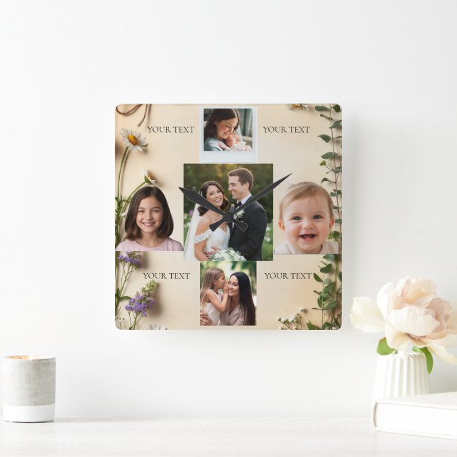Horloge Carrée Custom 5 Photo Collage Birthday Gift (Maison)