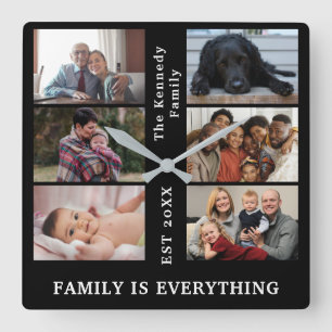 Horloge Carrée Custom 6 Family photo collage with Family name
