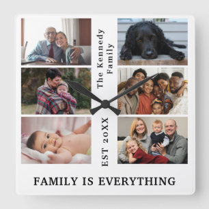 Horloge Carrée Custom 6 Family photo collage with Family name