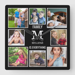 Horloge Carrée Custom 8 Photo Collage Family Monogram Black