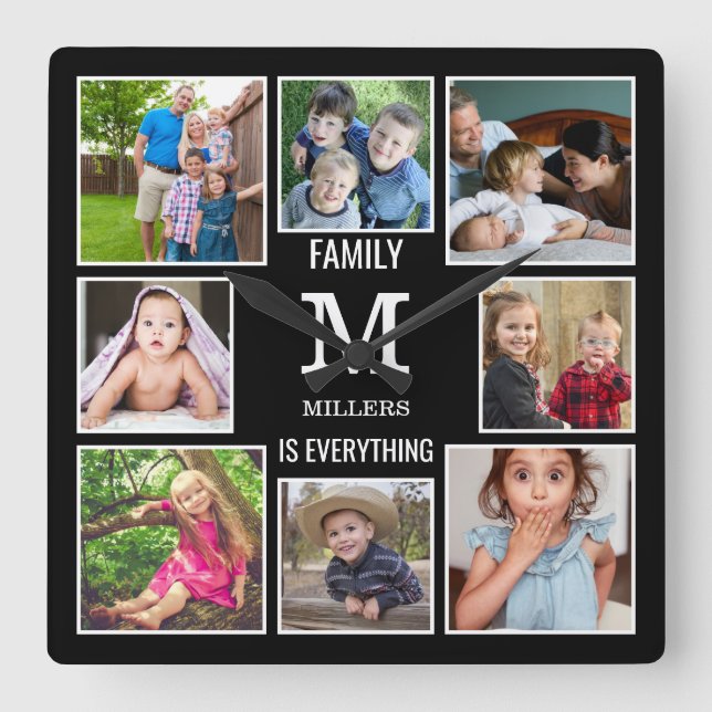Horloge Carrée Custom 8 Photo Collage Family Monogram Black (Recto)