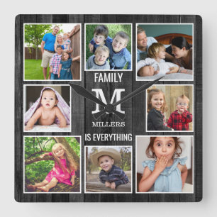 Horloge Carrée Custom 8 Photo Collage Family Monogram Black Wood