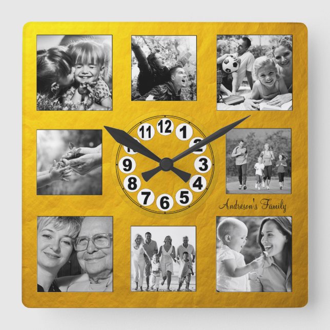 Horloge Carrée Custom 8 Photo Collage Golden Retro Family / Gold (Recto)