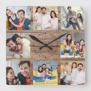 Horloge Carrée Custom Family Photo Collage Rustic Modern Wood