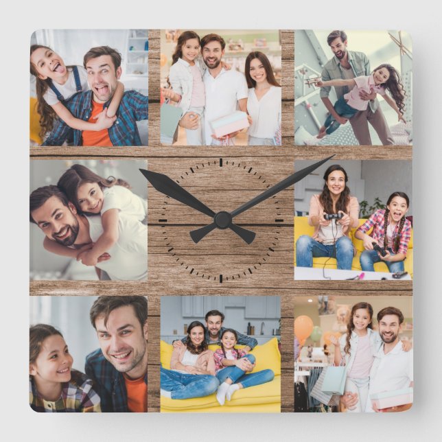 Horloge Carrée Custom Family Photo Collage Rustic Modern Wood (Recto)