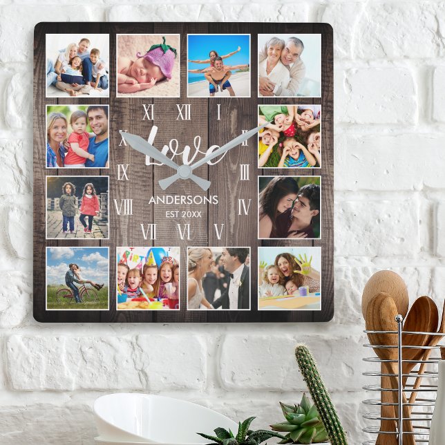 Horloge Carrée Custom Family Photo Rustic Farmhouse Love Roman (Créateur téléchargé)