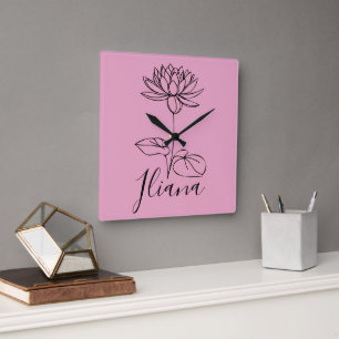 Horloge Carrée Custom Juillet Eau Lily Cadeau Fleur de naissance