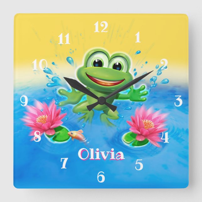 Horloge Carrée Custom Kid’s square clock Leaping frog design. (Recto)
