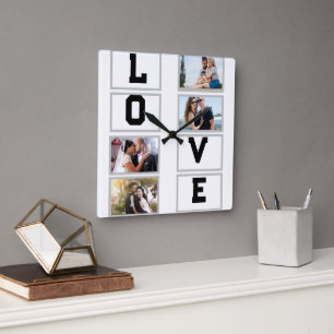 Horloge Carrée Custom Modern Valentine's Day 4 Photo Collage