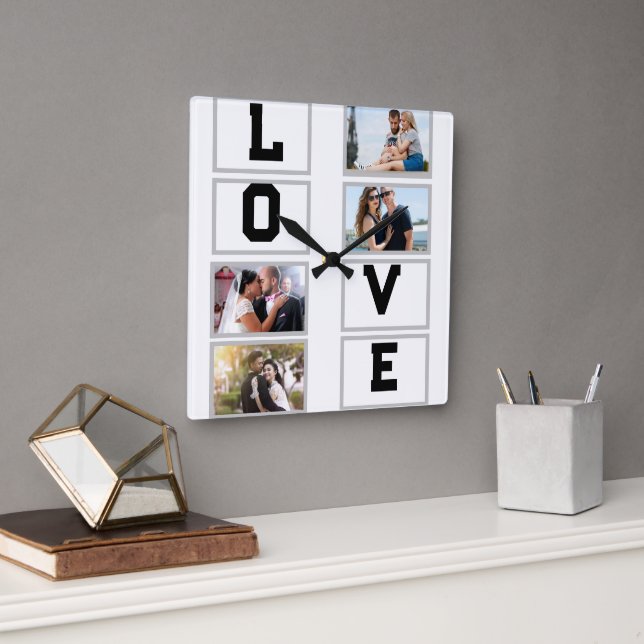 Horloge Carrée Custom Modern Valentine's Day 4 Photo Collage (Bureau)