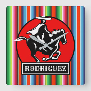 Horloge Carrée CUSTOM NAME Charro Spanish Fiesta Mexican Serape