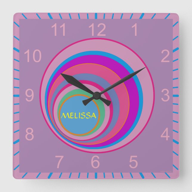 Horloge Carrée Custom name pink purple blue pretty swirl circle (Recto)