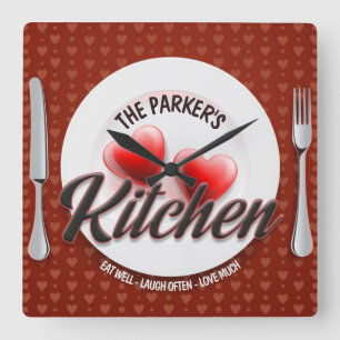 Horloge Carrée Custom NAME Red Hearts Family Diner Kitchen