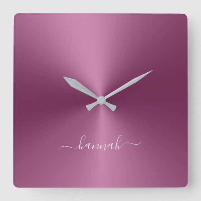 Horloge Carrée Custom Nom Magenta Metallic Style acrylique (Recto)