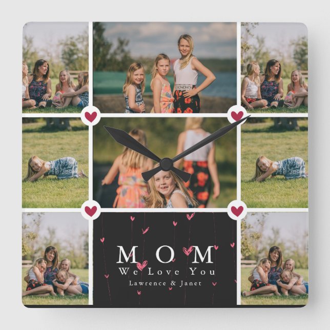 Horloge Carrée Custom Personalized Love You Maman 8 Photo collage (Recto)