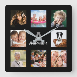 Horloge Carrée Custom Phocollage familial mongram name black