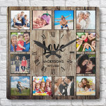 Horloge Carrée Custom Photo Collage Rustic Farmhouse Love Family<br><div class="desc">Create your own personalized 12 photo collage, roman number wall clock with your custom images on a rustic farmhouse style wooden plank background. The clock face also features your family name, established year and a "Love" handwritten script. Add your favorite photos, designs or artworks to create something really unique. To...</div>