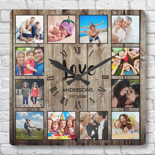 Horloge Carrée Custom Photo Collage Rustic Farmhouse Love Family (Créateur téléchargé)