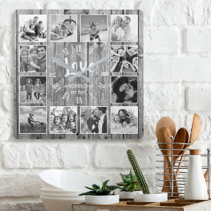 Horloge Carrée Custom Photo Collage Rustic Farmhouse Love Family