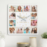 Horloge Carrée Custom Photo de Collage Besties Gold White<br><div class="desc">Make this trendy elegant white and gold photo collage wall clock unique with 12 of your favorite photos with your best friend(s). Les objets de design ont donc été modernes avec des script and your names.</div>