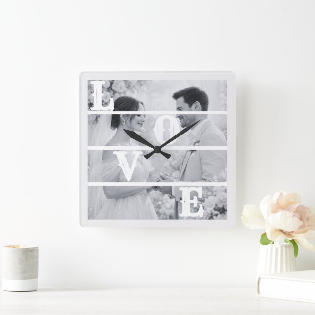 Horloge Carrée Custom Wedding Photo "LOVE" (Maison)