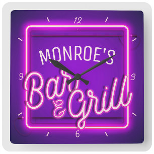 Horloge Carrée Custom YOUR NAME Faux Neon Sign Retro Bar Grill