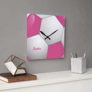 Horloge Carrée Customizable Football Soccer Ball Pink and White