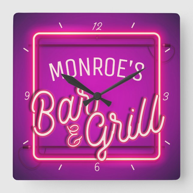 Horloge Carrée Customize NAME Pink Faux Neon Sign Retro Bar Grill (Recto)