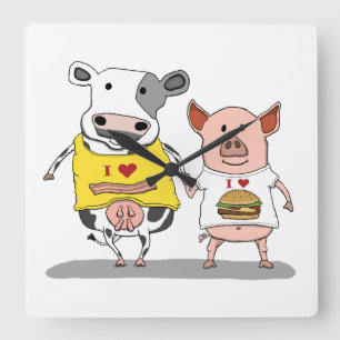Horloge Carrée Cute and Funny Cow and Pig Friends