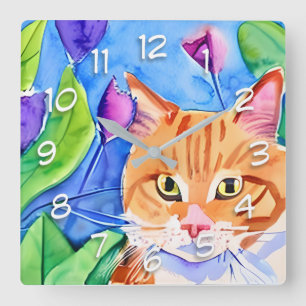 Horloge Carrée Cute Aquarelle Chat Orange