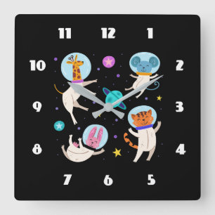 Horloge Carrée Cute astronaute Animaux flottant dans l'espace