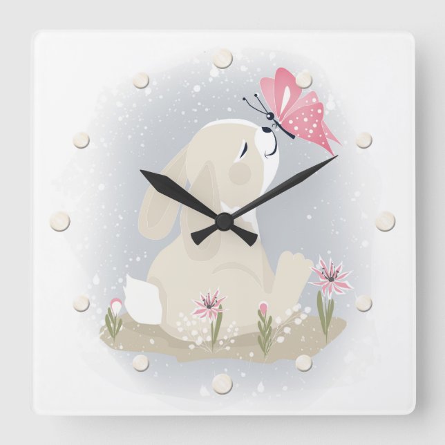 Horloge Carrée Cute baby Bunny et butterfly. (Recto)