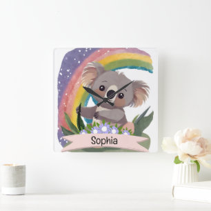 Horloge Carrée Cute Baby Koala Rainbow Nom personnalisé
