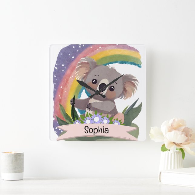 Horloge Carrée Cute Baby Koala Rainbow Nom personnalisé (Maison)