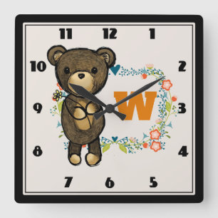 Horloge Carrée Cute Bear, Yellow Flower & Floral Wreath Monogram