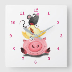 Horloge Carrée Cute Best Friends Piggy Chick and Mouse - Dessin