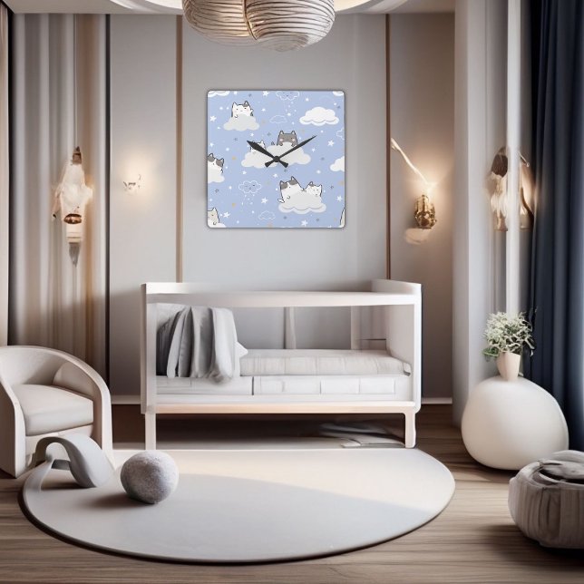 Horloge Carrée Cute bleu Motif Kitten Cloud (Cute Pattern Kitten Blue Square Wall Clock)