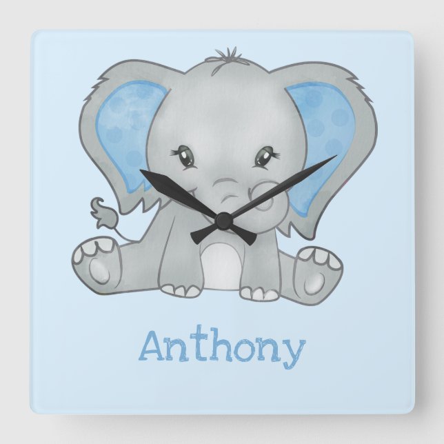 Horloge Carrée Cute Blue Elephant Name Baby Boy Nursery (Recto)