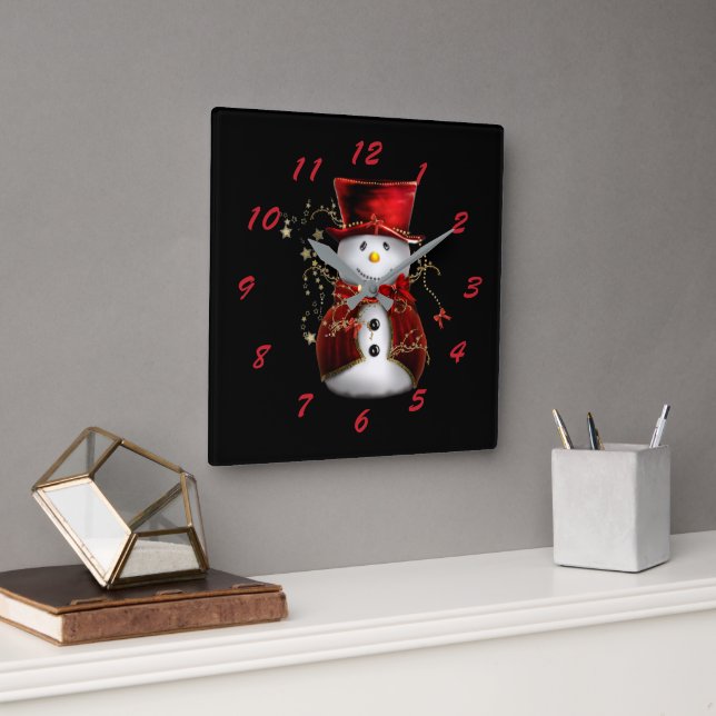 Horloge Carrée Cute bonhomme de neige en Velours rouge Noël (Bureau)
